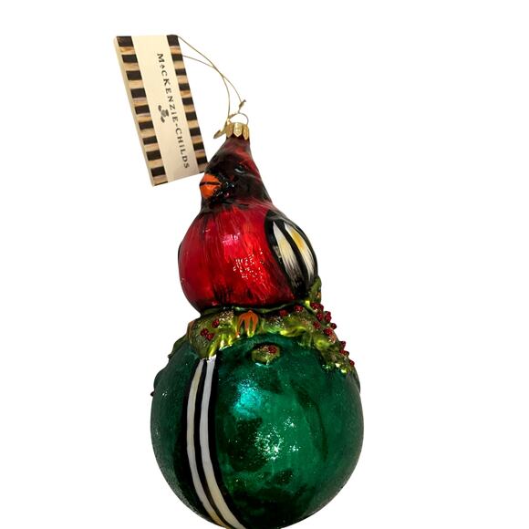 RETIRED Mackenzie-Childs Cozy Cardinal On Ball Glass Christmas Ornament New - Picture 6 of 8